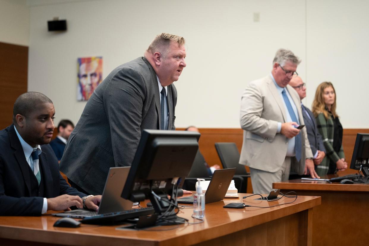 Prosecuting Attorney Jeff Zezech speaks in court while Demetris Ortega stands with his defense attorneys Mark Collins and Kaitlyn Stephens in the courtroom of Judge Carl Aveni. On April 20, 2022, Ortega's vehicle struck and killed 27-year-old Naimo Mahdi Abdirahman on Morse Road.