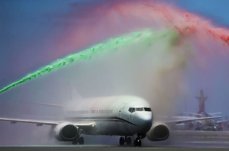 <p>Bei der Ankunft der portugiesischen Nationalmannschaft auf dem Flughafen von Lissabon standen Löschfahrzeuge der Feuerwehr bereit, die Wasserfontänen in den Landesfarben Rot und Grün versprühten. (MARIO CRUZ/EPA) </p>