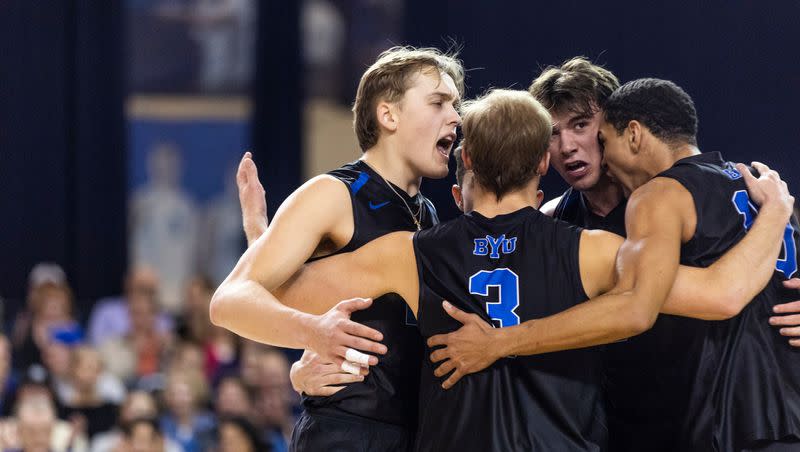 Brigham Young Cougars celebrate a point during an NCAA men’s volleyball match against the Long Island Sharks at the Smith Fieldhouse in Provo on Thursday, Feb. 8, 2023.