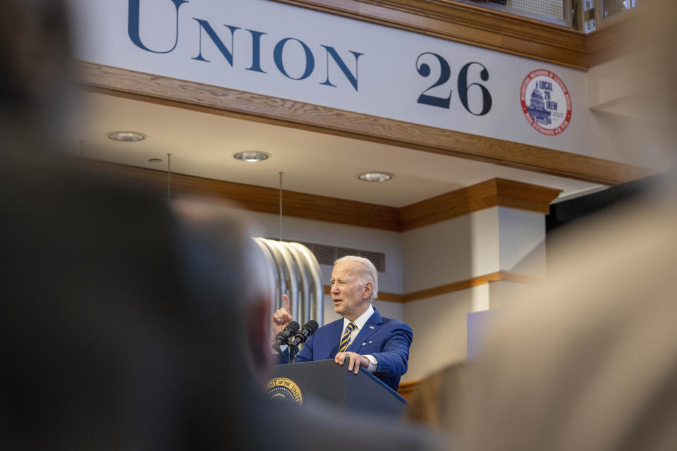 FILE - President Joe Biden speaks at the IBEW Local 26 union, Feb. 15, 2023, in Lanham, Md. (AP Photo/Alex Brandon, File)