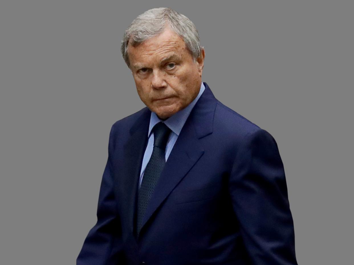 Martin Sorrell headshot,  as WPP Worldwide CEO, graphic element on gray