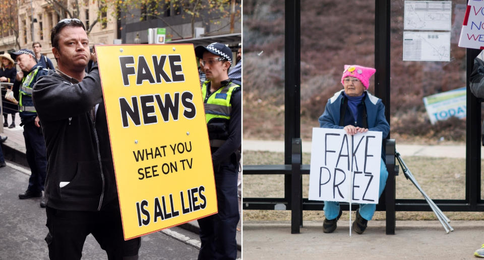 Protesters hold signs reading “Fake News” and “Fake Prez.” (Photos from William West/AFP/Getty Images and Bill Clark/CQ Roll Call))