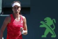 Mar 29, 2017; Miami, FL, USA; Johanna Konta of Great Britain gestures after winning a second set tie-breaker against Simona Halep of Romania (not pictured) on day nine of the 2017 Miami Open at Crandon Park Tennis Center. Geoff Burke-USA TODAY Sports