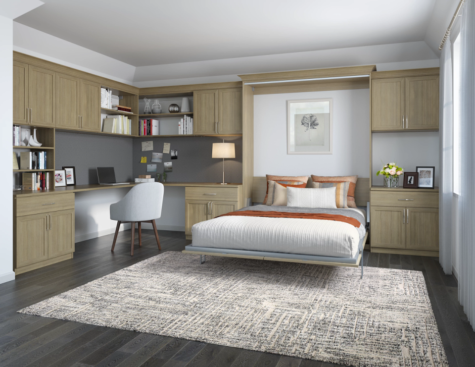 These digital images show how a murphy bed can help turn an extra room into an office and spare bedroom because the bed can store away when not needed.