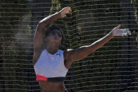 Gwendolyn Berry competes during the finals of the women's hammer throw at the U.S. Olympic Track and Field Trials Saturday, June 26, 2021, in Eugene, Ore. (AP Photo/Ashley Landis)