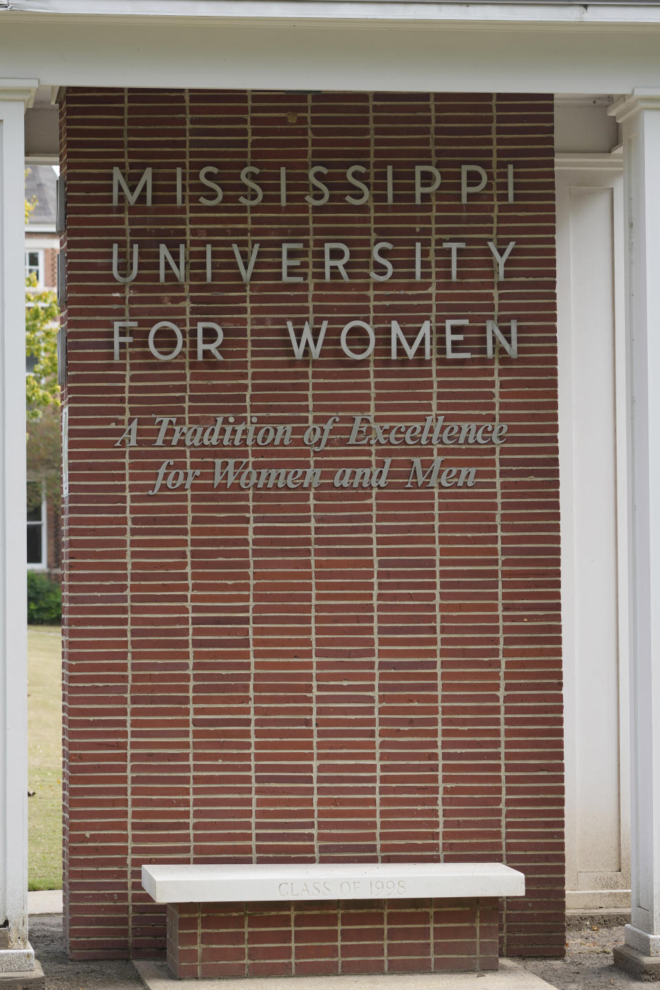 A covered bench at the Mississippi University for Women denotes the coed student body makeup of the Columbus, Miss., campus, Oct. 23, 2023. The university announced a proposal Monday, Jan. 8, 2024, to change its name to Mississippi Brightwell University, with officials saying the new name is supposed to reflect the diversity of the public institution that has been enrolling men since 1982. (AP Photo/Rogelio V. Solis)