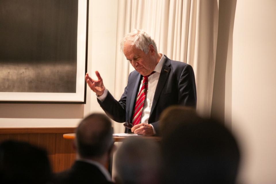 Frido Mann, Thomas Mann's grandson, speaks at the Brentwood house before Igor Levit's performance.