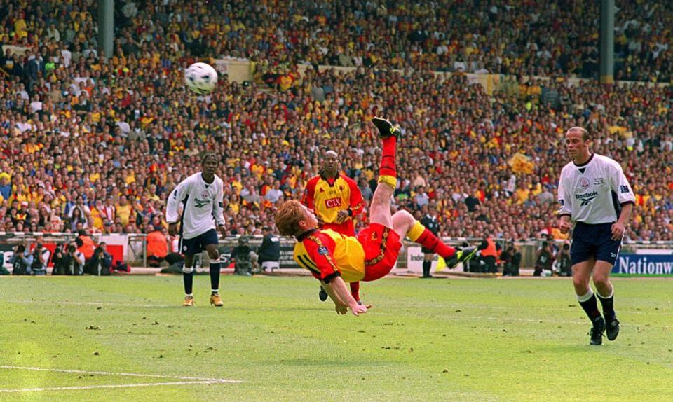 Watford Observer: Nick Wright scores his stunning overhead kick in the Play-Off Final