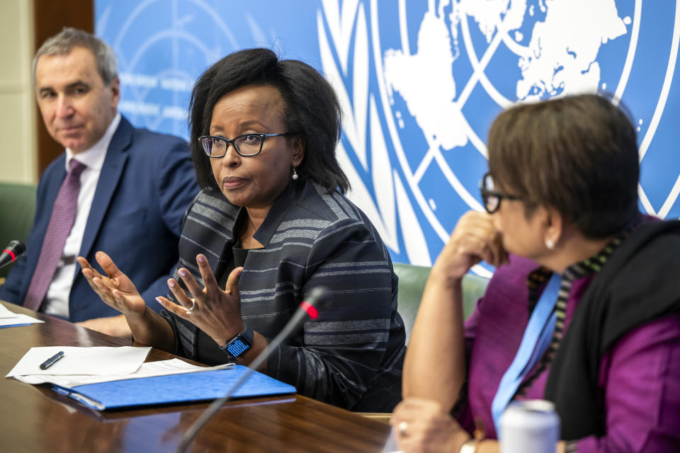 Steven Ratner, left, Expert, Kaari Betty Murungi, center, Chair of the International Commission of Human Rights Experts on Ethiopia, and Radhika Coomaraswamy, Expert, right, speak about the presentation of the first report of the International Commission of Human Rights Experts on Ethiopia during a press conference at the European headquarters of the United Nations in Geneva, Switzerland, Thursday, Sept. 22, 2022. (Martial Trezzini/Keystone via AP)