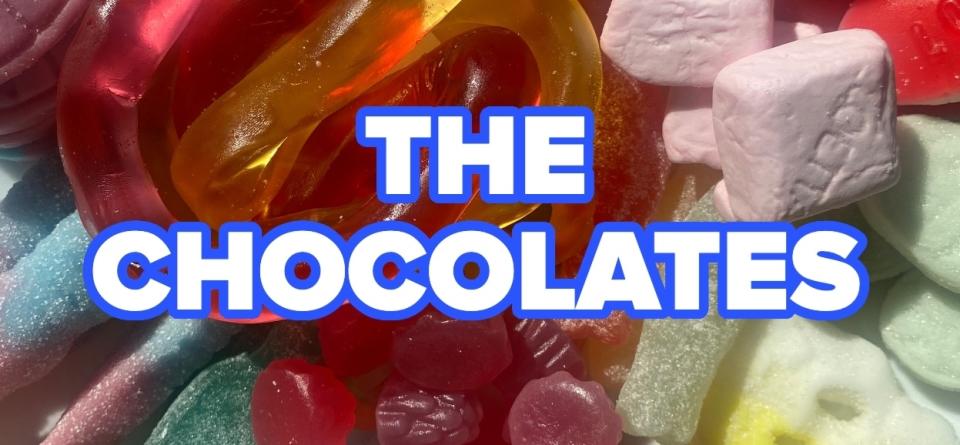 An assortment of colorful candies with the text "THE CHOCOLATES" prominently in the center