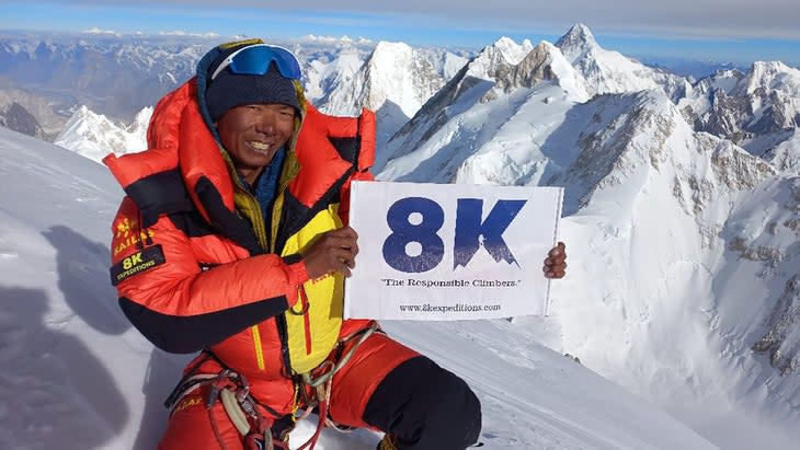 <span class="article__caption">Pasdawa Sherpa celebrates on the summit of Gasherbrum I. </span> (Photo: Pasdawa Sherpa)