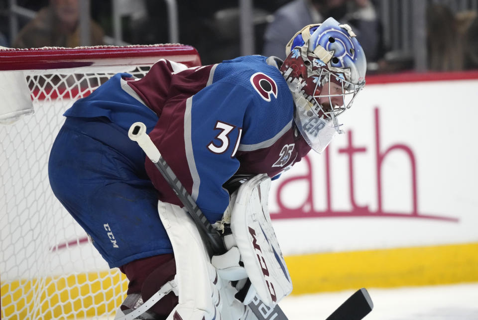 Colorado Avalanche goaltender Philipp Grubauer reacts after giving up a goal to Vegas Golden Knights center Jonathan Marchessault during the third period of Game 5 of an NHL hockey Stanley Cup second-round playoff series Tuesday, June 8, 2021, in Denver. (AP Photo/David Zalubowski)