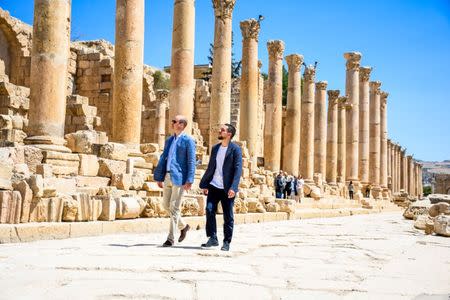 Britain's Prince William walk with Jordan's Crown Prince Hussein at the ancient city of Jerash, Jordan June 25, 2018. Jordanian Royal Palace/Handout via Reuters