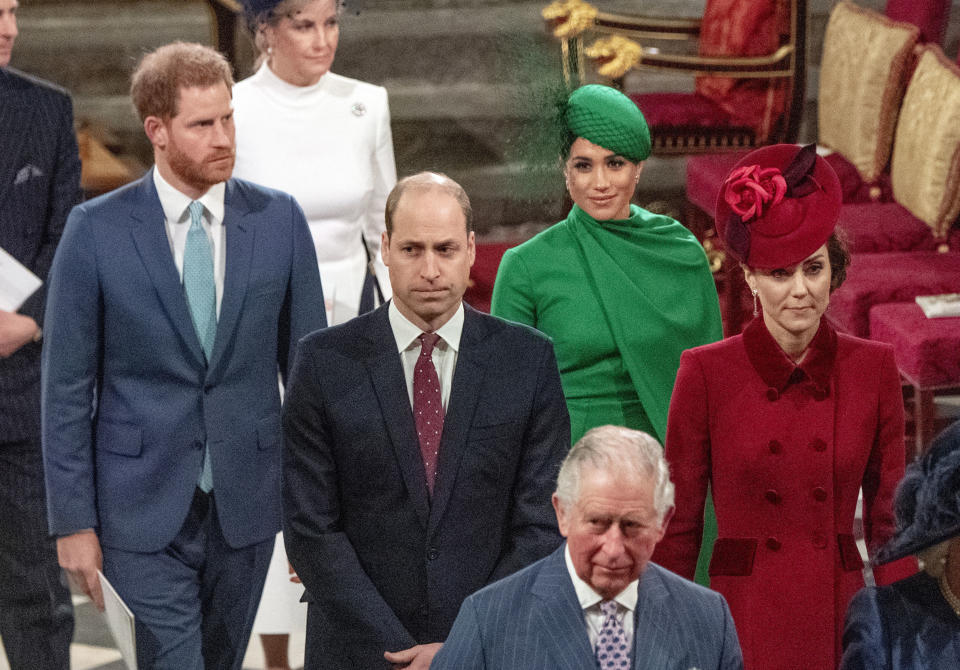 From left, Britain's Prince Harry, Prince William, Meghan Duchess of Sussex and Kate, Duchess of Cambridge leave the annual Commonwealth Service at Westminster Abbey in London Monday March 9, 2020. Britain's Queen Elizabeth II and other members of the royal family along with various government leaders and guests are attending the annual Commonwealth Day service, the largest annual inter-faith gathering in the United Kingdom. (Phil Harris / Pool via AP)