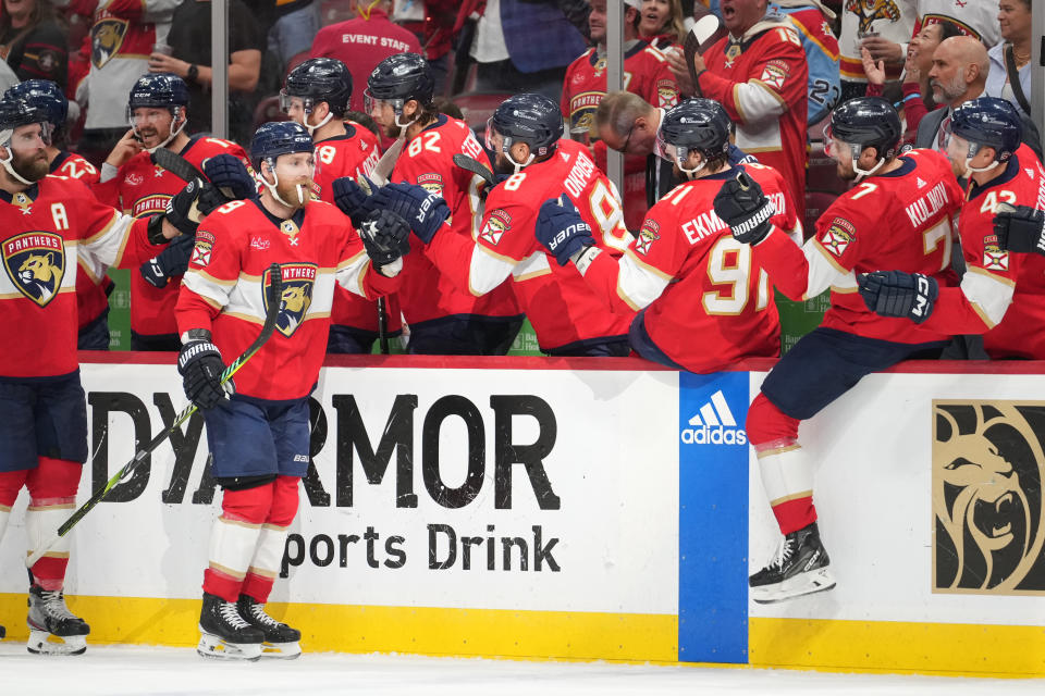 SUNRISE, FL - JUNE 01: Florida Panthers center Sam Bennett (9) receives high fives after his first period goal during Game Six of the Eastern Conference Finals between the New York Ranges and Florida Panthers on Saturday , June 1, 2024 at Amerant Bank Arena in Sunrise, Florida (Photo by Peter Joneleit/Icon Sportswire via Getty Images)