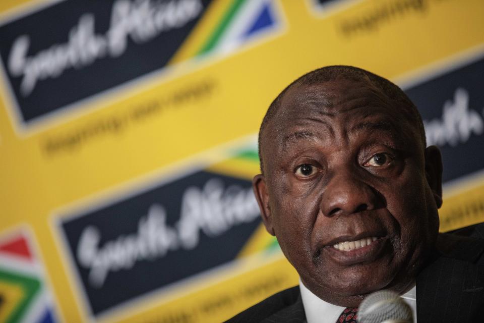 South African President Cyril Ramaphosa addresses members of the Foreign Correspondents Association in Johannesburg, Thursday, Nov. 1, 2018. Ramaphosa said his country has survived a "dark period" when corruption was rampant and is now focused on achieving economic growth and land reform to win popular support in general elections next year. (Gianluigi Guercia/Pool Photo via AP)