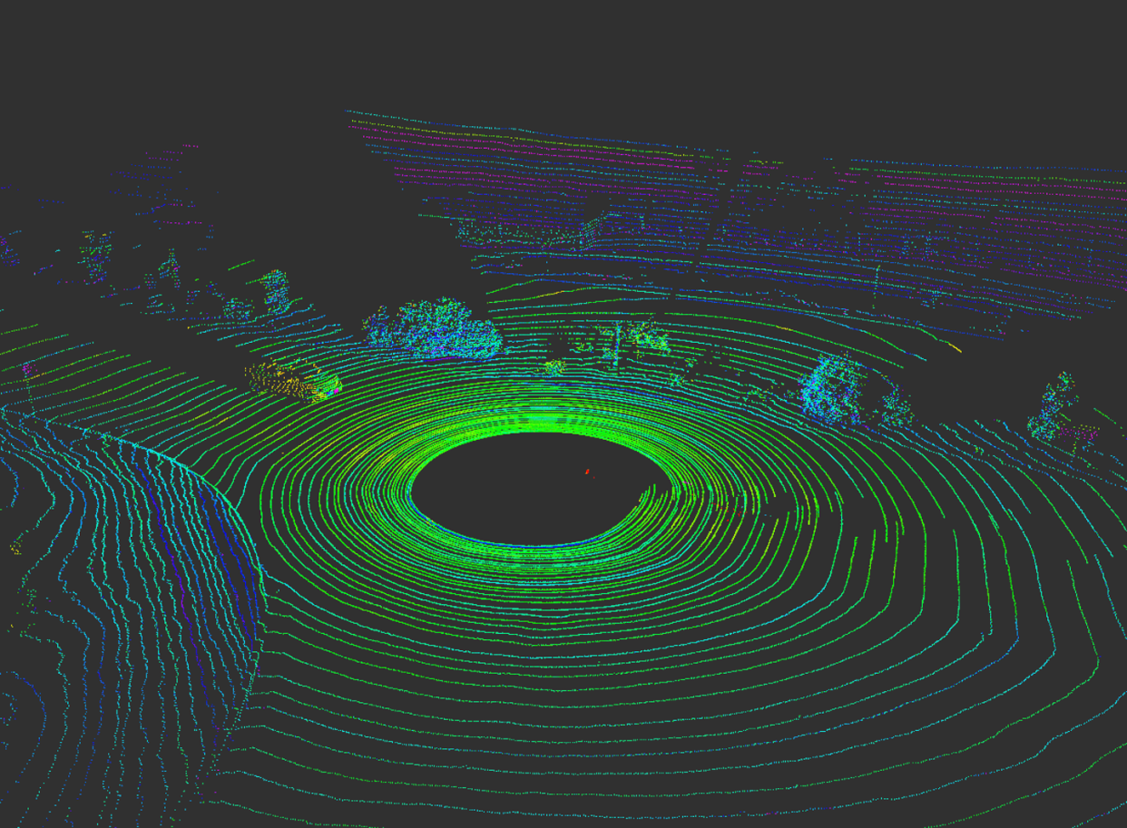 <span class="caption">LiDAR helps an autonomous vehicle 'visualize' what's around it.</span> <span class="attribution"><span class="source">Yulong Can with data from Baidu Apollo</span>, <a class="link " href="http://creativecommons.org/licenses/by-nd/4.0/" rel="nofollow noopener" target="_blank" data-ylk="slk:CC BY-ND;elm:context_link;itc:0;sec:content-canvas">CC BY-ND</a></span>