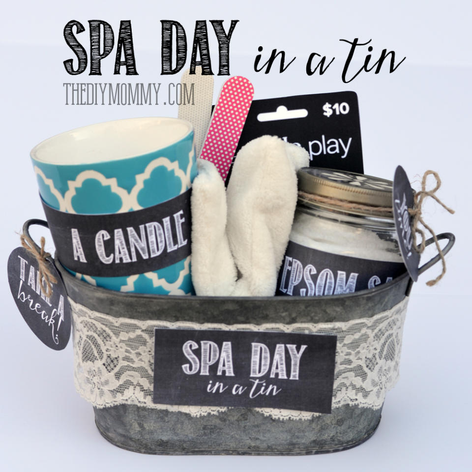 For a rustic vibe give gifts in a tin and fill with things to make their home into a spa for the day