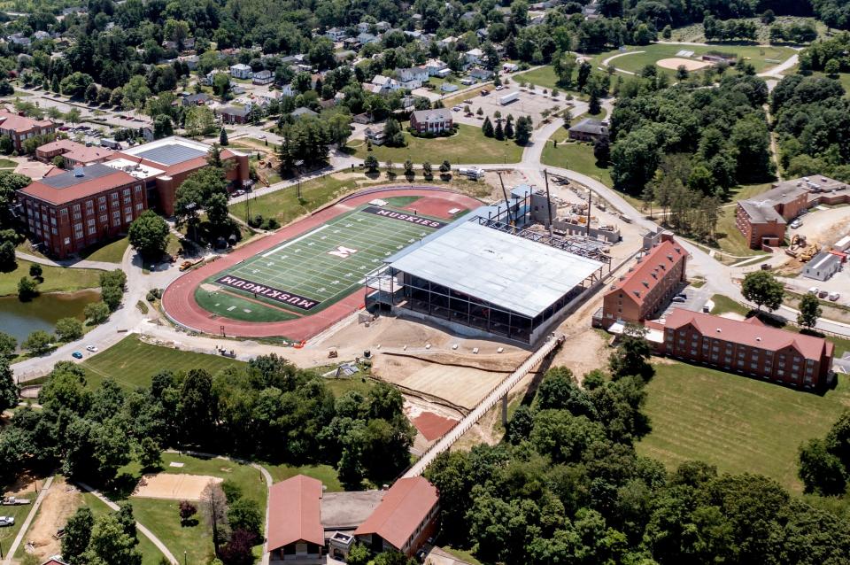 An aerial photo of the construction of Muskingum University's Henry D. Bullock Health and Wellness Complex.