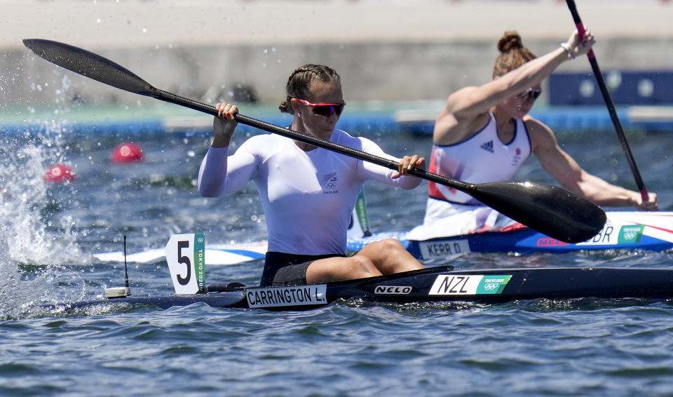 Lisa Carrington, of New Zealand, competes in the women's kayak single 200m final at the 2020 Summer Olympics, Tuesday, Aug. 3, 2021, in Tokyo, Japan. (AP Photo/Kirsty Wigglesworth)