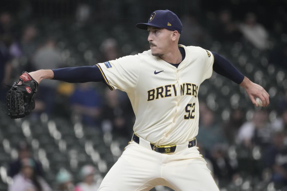 Milwaukee Brewers' Bryan Hudson throws during the fourth inning of a baseball game against the San Diego Padres Wednesday, April 17, 2024, in Milwaukee. (AP Photo/Morry Gash)