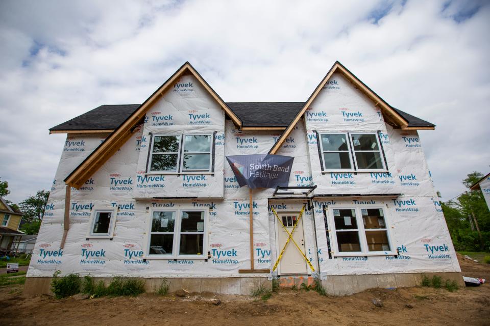 A duplex home under construction.