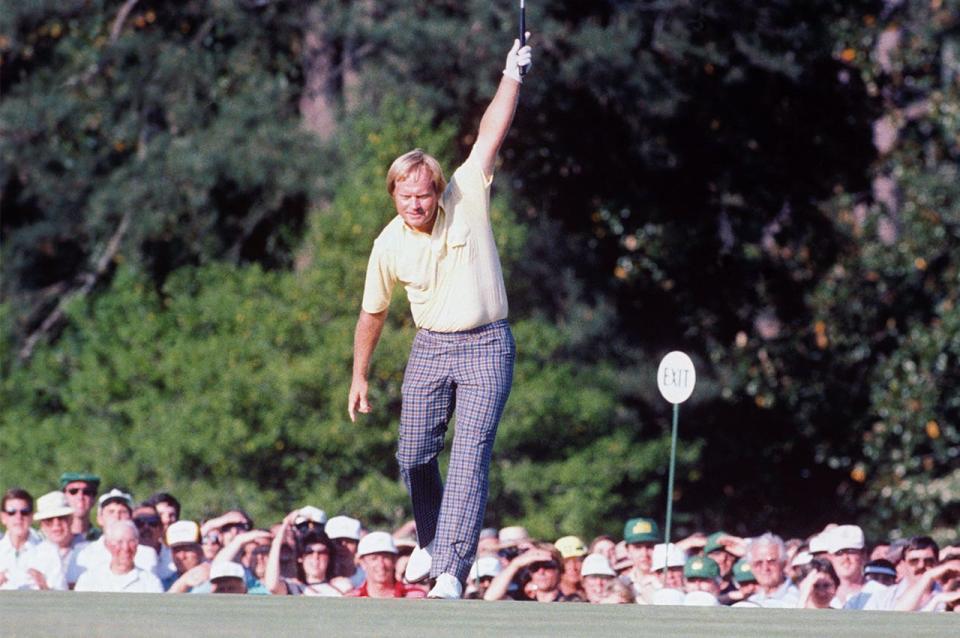 AUGUSTA, GA - APRIL 1986:  Jack Nicklaus raises his club in celebration during the 1986 Masters Tournament at Augusta National Golf Club on April 13, 1986 in Augusta, Georgia. (Photo by Augusta National/Getty Images)