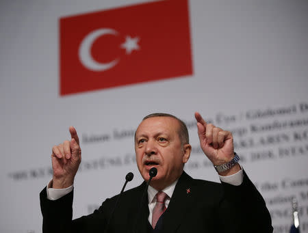 FILE PHOTO: Turkish President Tayyip Erdogan speaks during a conference in Istanbul, Turkey December 14, 2018. Murat Kula/Presidential Press Office/Handout via REUTERS