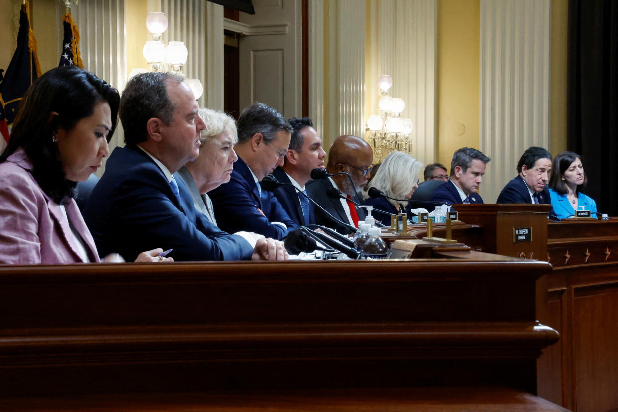 U.S. Representative Stephanie Murphy (D-FL), Rep. Adam Schiff (D-CA), Rep. Zoe Lofgren (D-CA), Senior Investigative Counsel John Wood, Rep. Pete Aguilar (D-CA), Chairman Bennie Thompson (D-MS), Vice Chairman Liz Cheney (R-WY), Rep. Adam Kinzinger (R-IL), Rep. Jamie Raskin (D-MD) and Rep. Elaine Luria (D-VA) hold the third of eight planned public hearings of the U.S. House Select Committee to investigate the January 6 Attack on the United States Capitol, on Capitol Hill in Washington, U.S. June 16, 2022. REUTERS/Jonathan Ernst