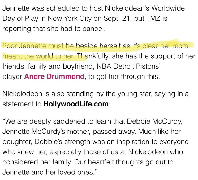 Article discussing Jennette McCurdy's feelings and support from Andre Drummond after her mother's passing