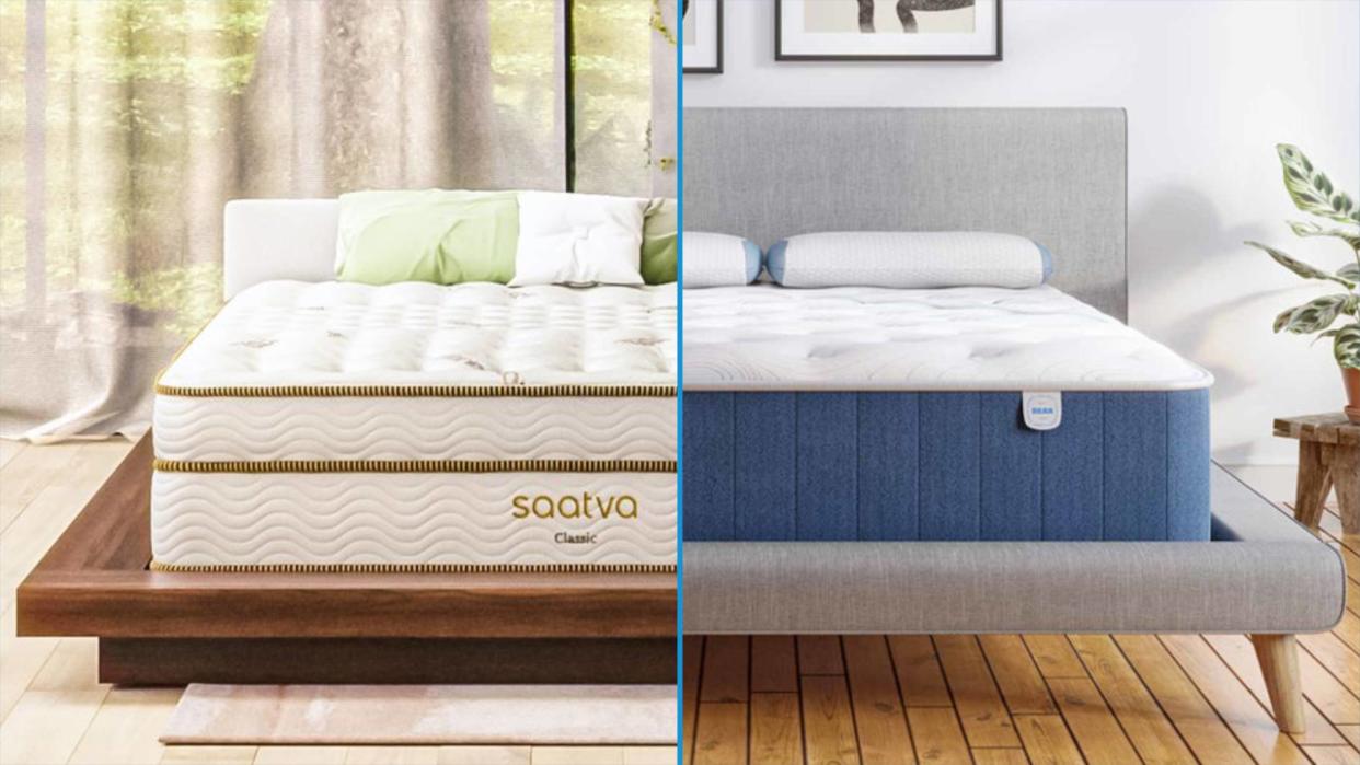  Saatva vs Bear mattress image shows the Saatva Classic on the left and the Bear Elite Hybrid mattress on the right. 