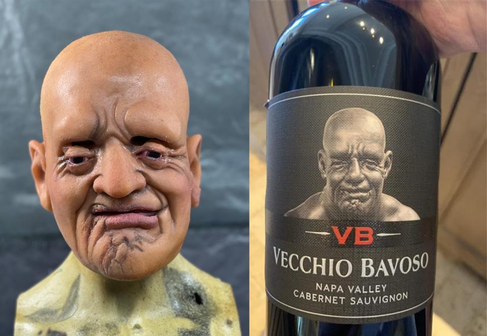 A mask Roy Wooley created for an advertising company using Vecchio Bavoso wine bottle art for reference.