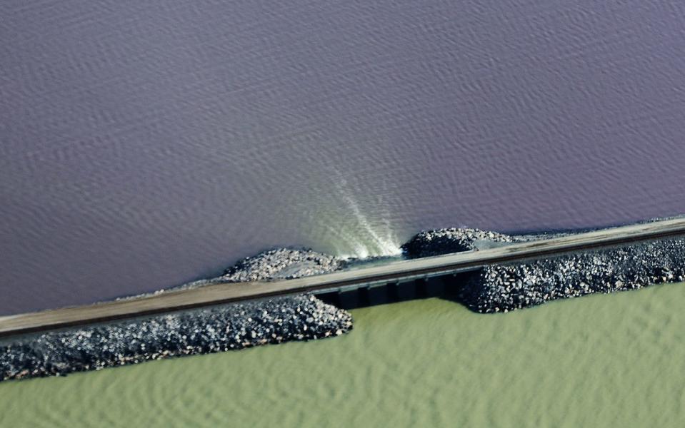 The railroad causeway is breached on the Great Salt Lake on May 3.