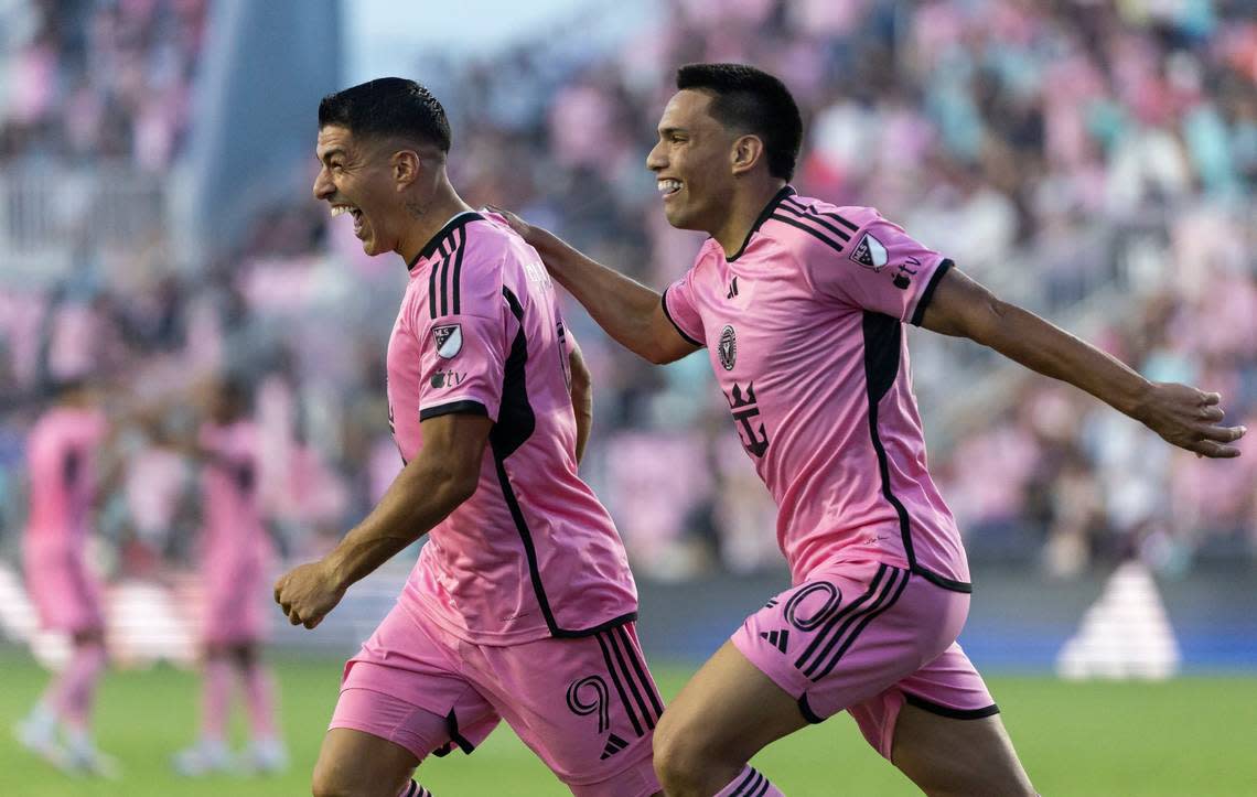 Inter Miami forward Luis Suárez (9) celebrates after scoring a goal against FC Cincinnati in the first half of their MLS match at Chase Stadium on Saturday, Aug. 24, 2024, in Fort Lauderdale, Fla.