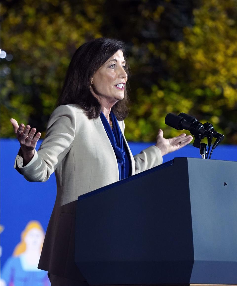 New York Governor Kathy Hochul speaks at Sarah Lawrence College in Yonkers on Sunday, November 6, 2022.