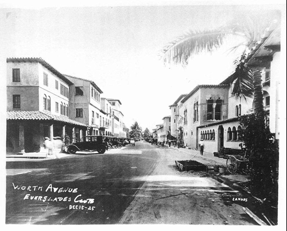 A view of Worth Avenue during Addison Mizner's era, including the Everglades Club he designed.