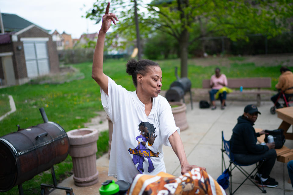 Peaches dances on the patio. (Sarah L. Voisin/The Washington Post)