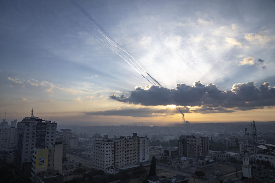 FILE - Rockets are fired toward Israel from Gaza, Saturday, Oct. 7, 2023. Israeli forces are now spread throughout the northern third of the Gaza Strip. More than 2 million people, the majority of the Strip’s population, cram into what’s left. (AP Photo/Fatima Shbair, File)