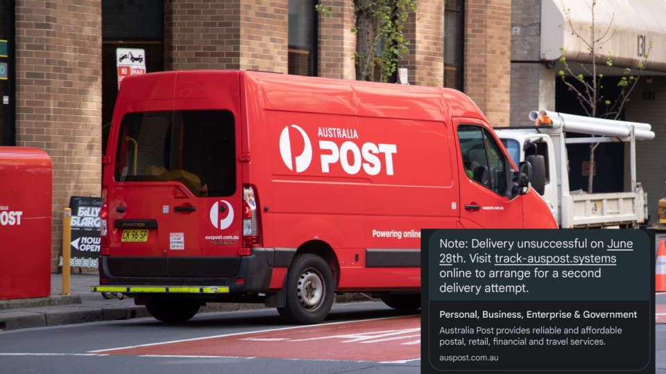 Australia Post delivery van. Australia Post scam text message.