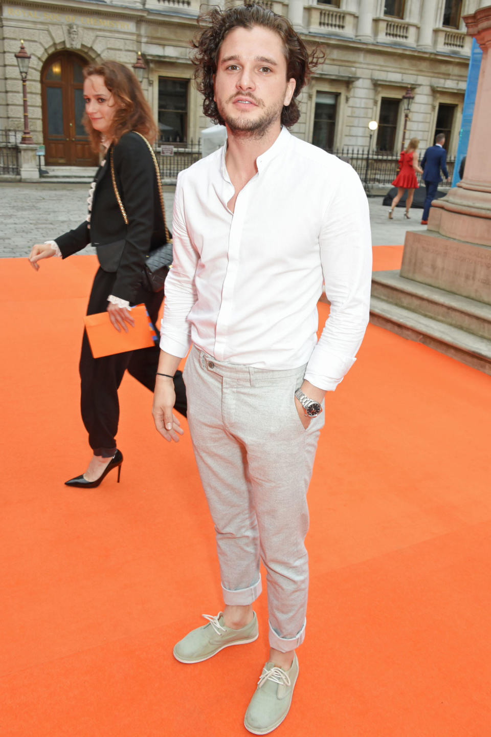 <p><strong>7 June</strong> Kit Harrington attended the Royal Academy Summer Exhibition preview party in London dressed in a light white shirt with sand-coloured trousers and shoes. </p>