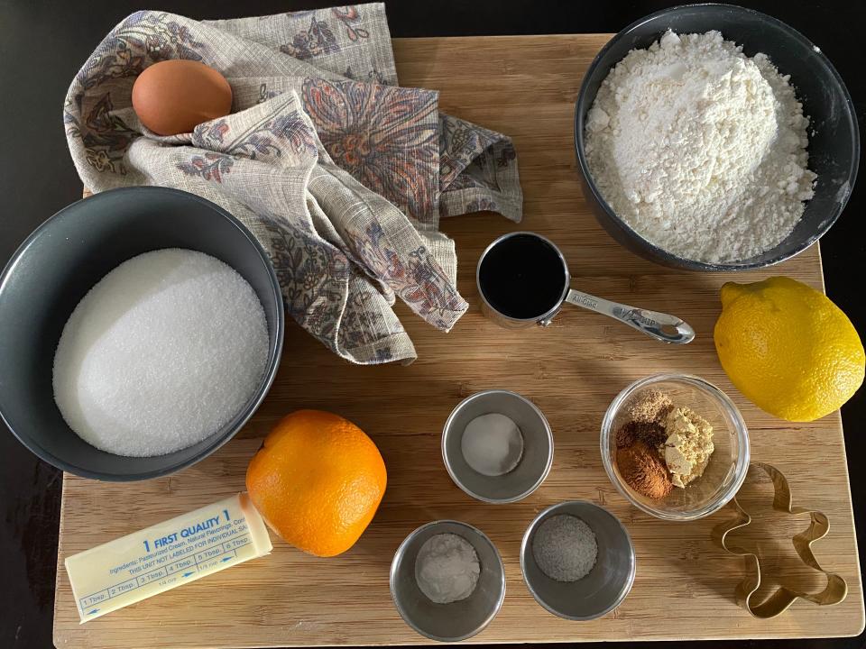 ingredients for Alex Guarnaschelli gingerbread cookies on cutting board