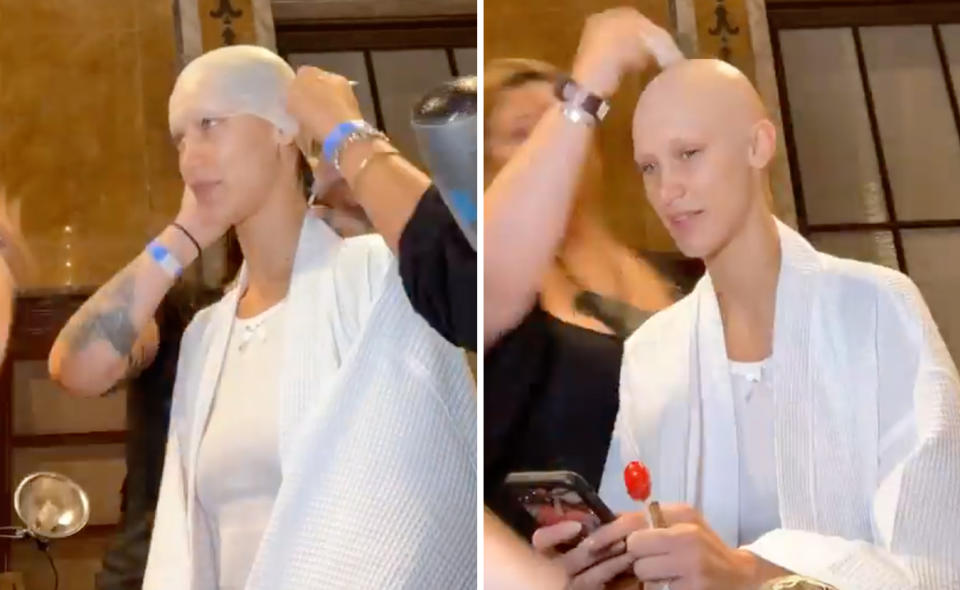 Two photos showing Bella getting her bald cap fitted before hitting the runway.