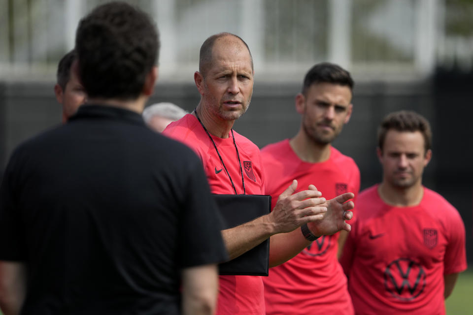 United States men's national soccer team head coach Gregg Berhalter talks to his team during practice Monday, Sept. 4, 2023, in St. Louis. The U.S. is set to play a friendly against Uzbekistan this Saturday in St. Louis. (AP Photo/Jeff Roberson)