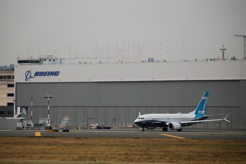 A Boeing 737 MAX aircraft takes off during an evaluation flight in Seattle