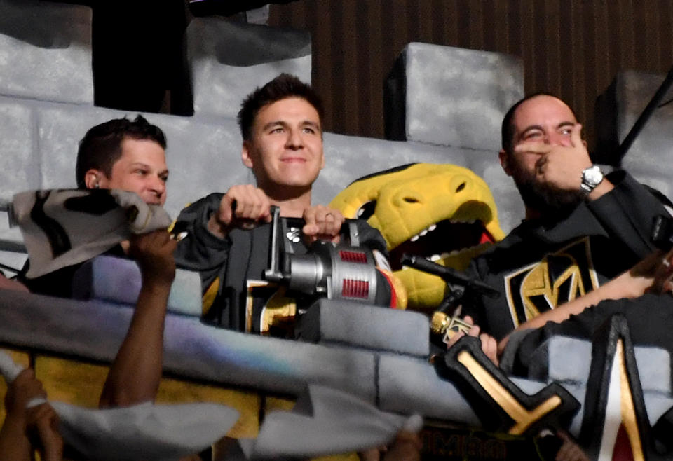 LAS VEGAS, NEVADA - APRIL 21:  Professional sports gambler and "Jeopardy!" champion James Holzhauer of Nevada sounds a siren in the Castle before the start of Game Six of the Western Conference First Round between the San Jose Sharks and the Vegas Golden Knights during the 2019 NHL Stanley Cup Playoffs at T-Mobile Arena on April 21, 2019 in Las Vegas, Nevada. The Sharks defeated the Golden Knights 2-1 in double overtime to even the series at 3-3.  (Photo by Ethan Miller/Getty Images)