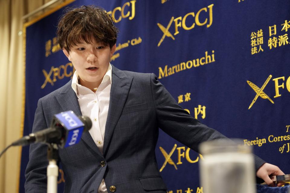 Rina Gonoi, former member of the Japan Ground Self-Defense Forces, prepare to attend the press conference at the Foreign Correspondents' Club of Japan, Wednesday, Dec. 13, 2023, in Tokyo. A Japanese court on Tuesday convicted three former soldiers in a sexual assault case that authorities had dropped until Gonoi came forward demanding a reinvestigation and prompting a military-wide harassment probe. (AP Photo/Eugene Hoshiko)