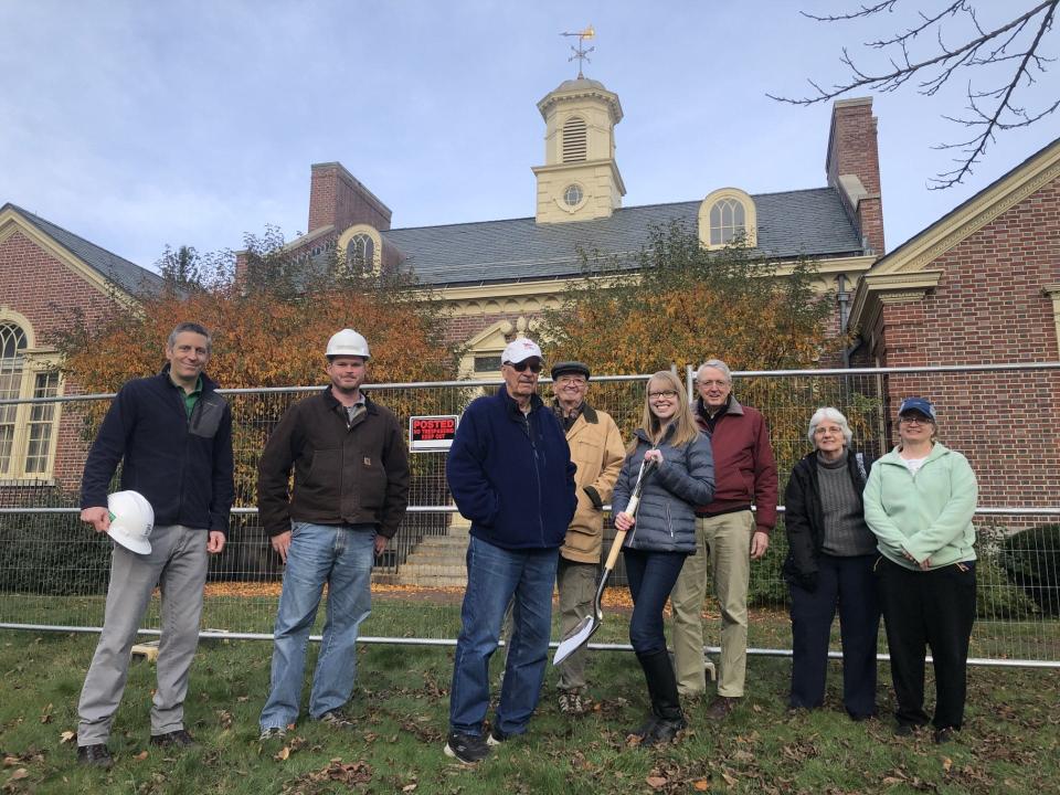 The Goodall Library project is under way in Sanford, Maine. From left: Steve Dumont, of TPD Construction; Tim Morrison, of Barba & Wheelock Architects; board members Tony Bauer, Henry Smith; and library staffers Nicole Bowley, Bob Morse, Lynda Ginchereau, Lisa McCarthy.