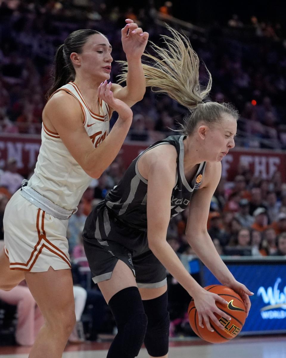 Texas guard Shay Holle, left, defends against Iowa State guard Kelsey Joens in Saturday's 81-60 win at Moody Center. The Longhorns improved to 24-3 and 11-3 in Big 12 play ahead of Wednesday's home game against Texas Tech.