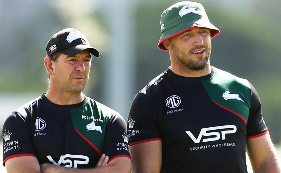 Jason Demetriou and Sam Burgess, pictured here at a South Sydney training session.