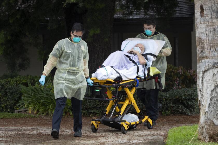 RIVERSIDE, CA- APRIL 8, 2020: Bernie Erwig, 84, is removed from Magnolia Rehabilitation and Nursing Center after 39 tested positive for coronavirus and nursing staff was not showing up to work for their own safety on April 8, 2020 in Riverside, California. All 84 residents were removed. Erwig tested positive for COVID-19 and was transferred to the county hospital in Moreno Valley, RUHS, where he spent 4 weeks recovering from the coronavirus. He is now home still recuperating. (Gina Ferazzi / Los Angeles Times)